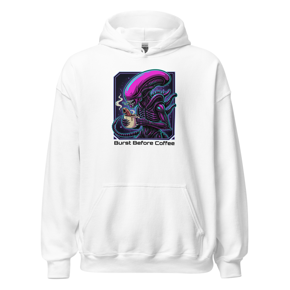 Burst Before Coffee Cyberpunk Alien Horror Tee — white front view