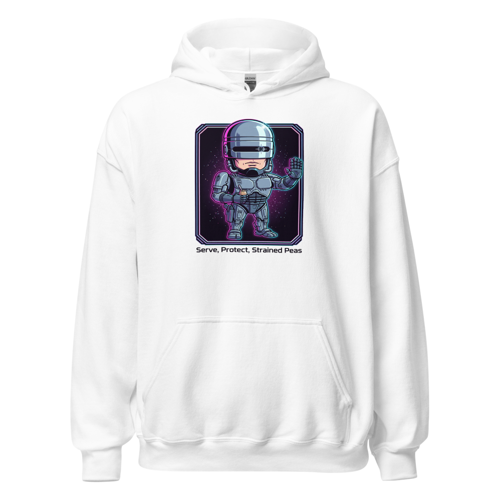 Cyborg Cop Strained Peas Cyberpunk Parody Tee — white front view