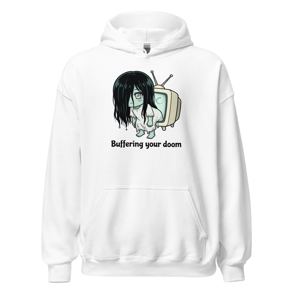 Buffering Your Doom Chibi Kawaii Horror Ghost Tee — white front view