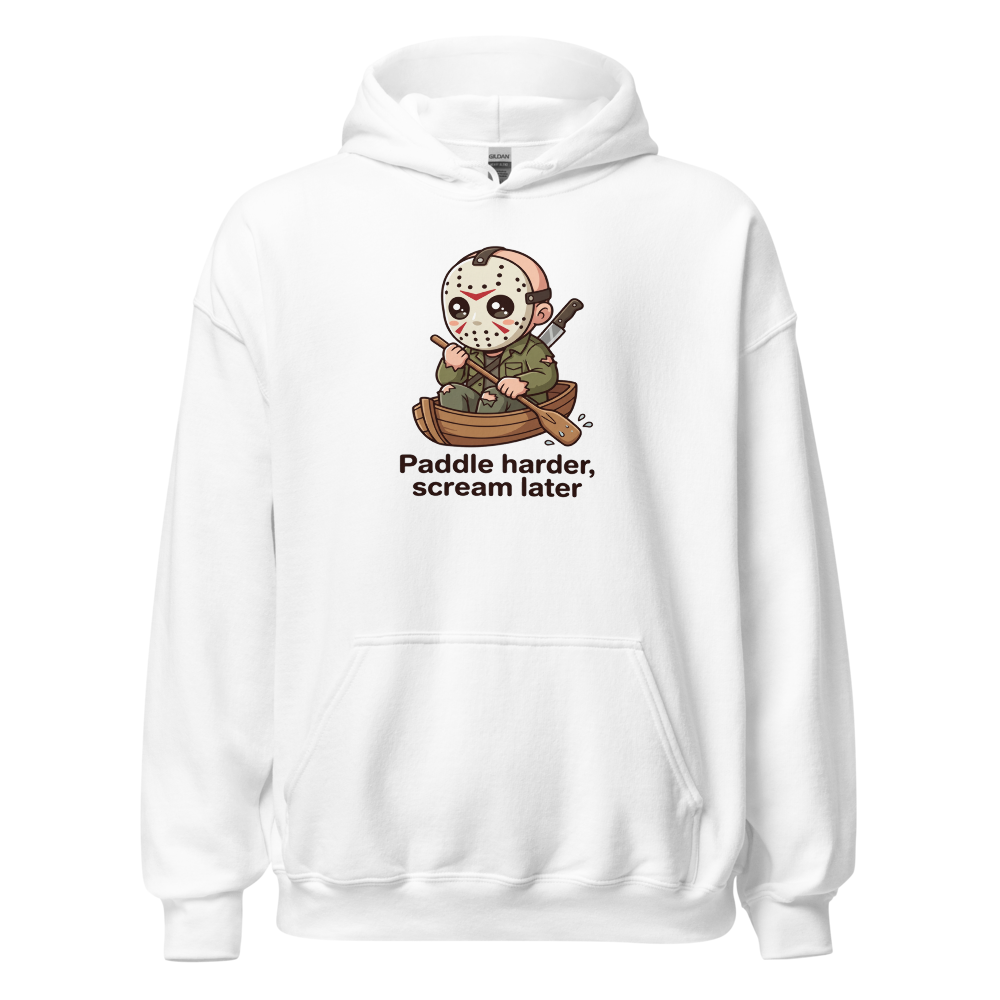 Chibi Slasher Camp Canoe Horror Parody Tee — white front view