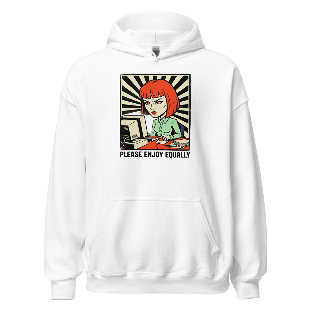 Please Enjoy Equally Office Drone Propaganda Tee — white front view