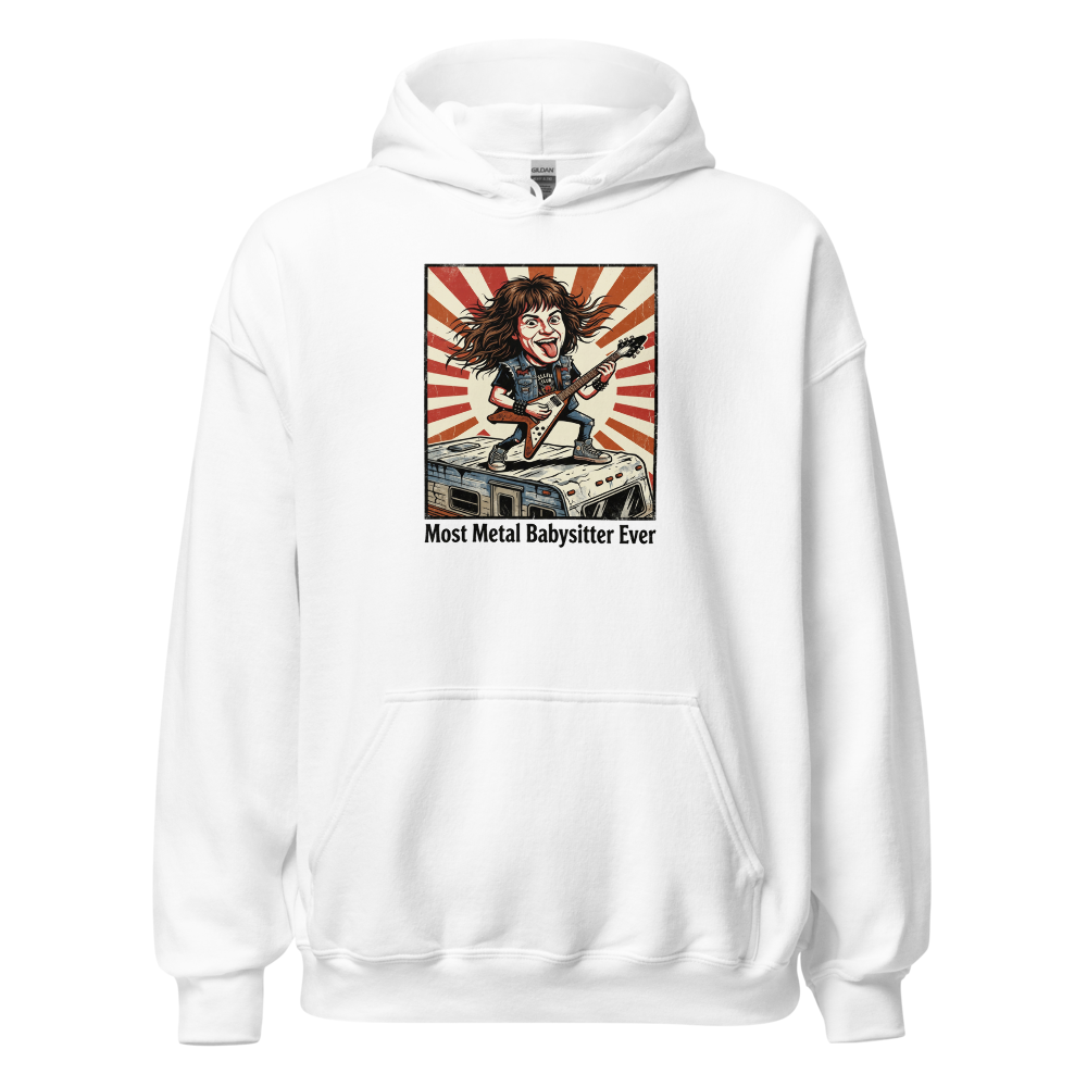 Most Metal Babysitter Ever Flying V Shredder Tee — white front view