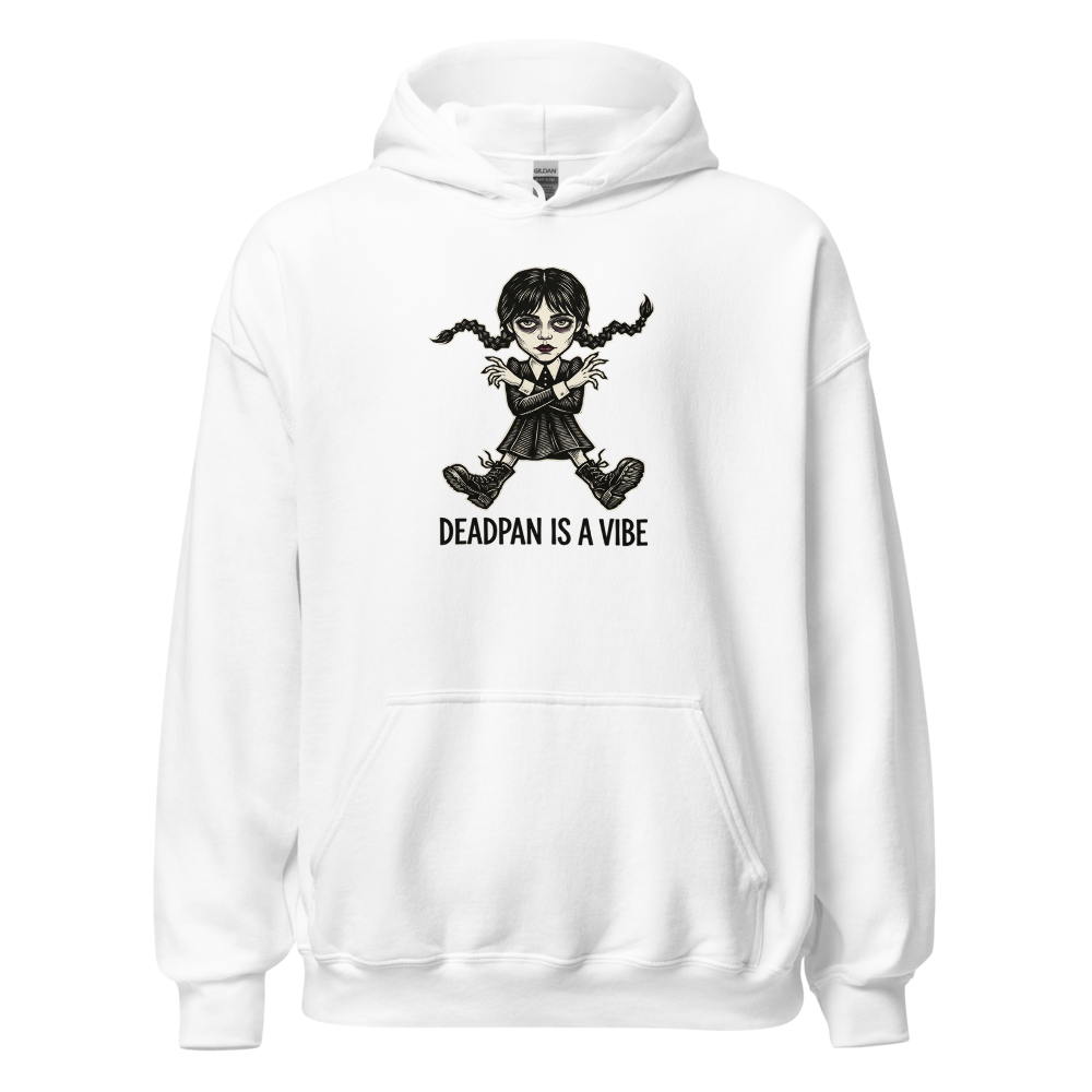 Deadpan Goth Dance Puppet Blackwork Linocut Tee — white front view