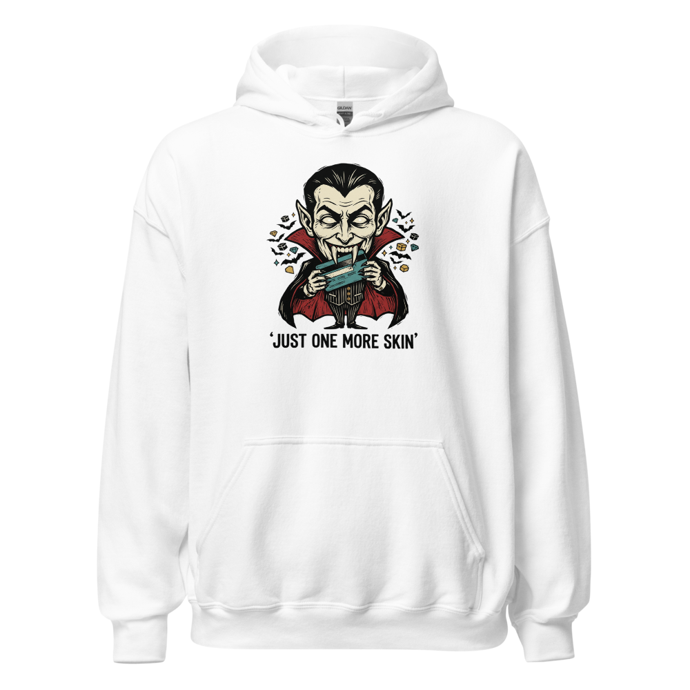 Microtransaction Vampire Woodcut Gaming Meme Tee — white front view