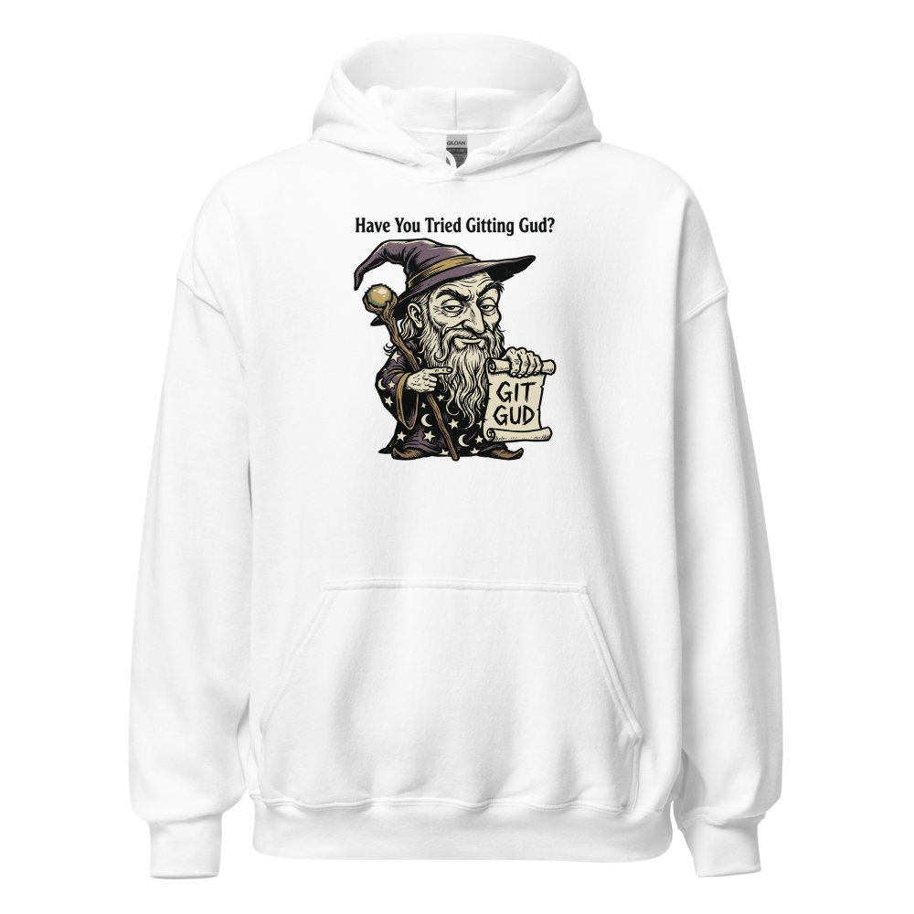 Git Gud Wizard Mentor Woodcut Gamer Meme Tee — white front view