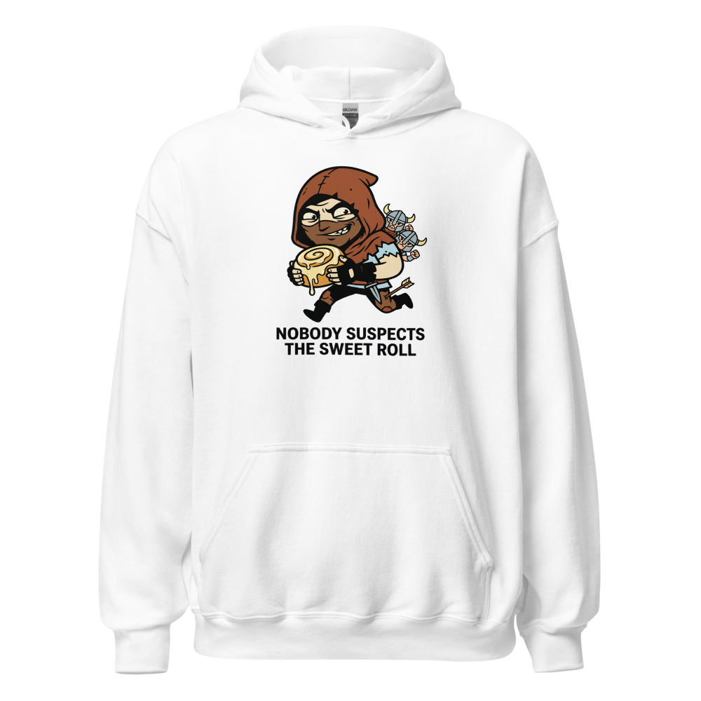 Nobody Suspects The Sweet Roll Retro RPG Thief Tee — white front view