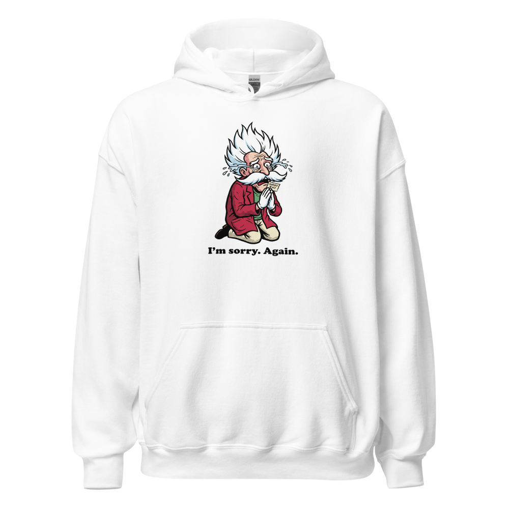 Mad Scientist Sorry Again Retro Boss Parody Tee — white front view