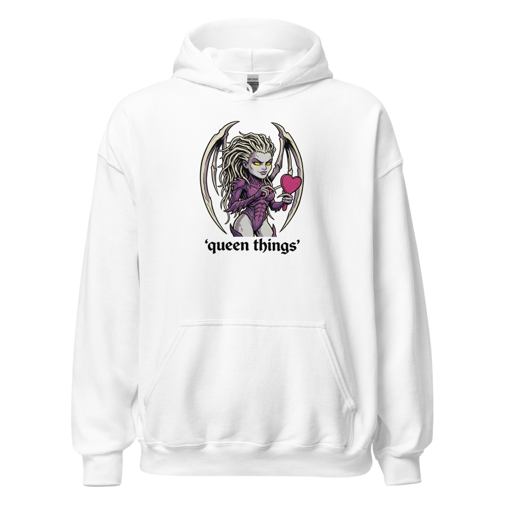 Queen Things Bone-Blade Vanity Boss Comic Ink Tee — white front view