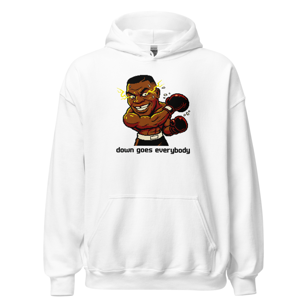16-Bit Pixel Boxer Down Goes Everybody Retro Tee — white front view
