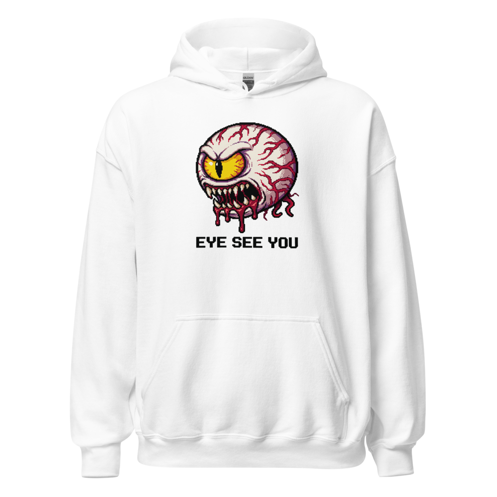 Eye See You Retro Pixel Boss Eyeball Gamer Tee — white front view