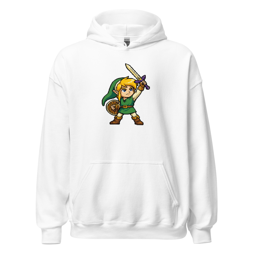 16-Bit Pixel Hero Sword Raise Retro Gamer Tee — white front view