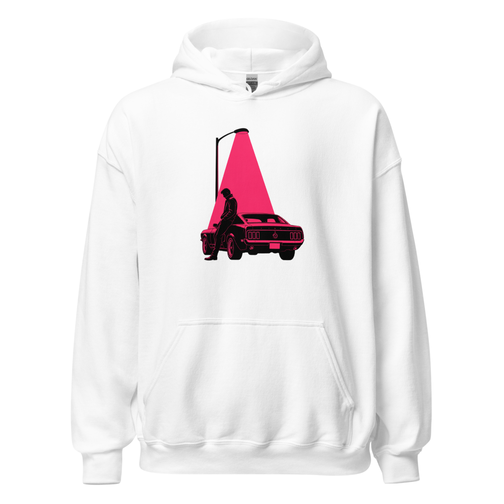 Neon Noir Midnight Driver Muscle Car Silhouette Tee â€” White front view
