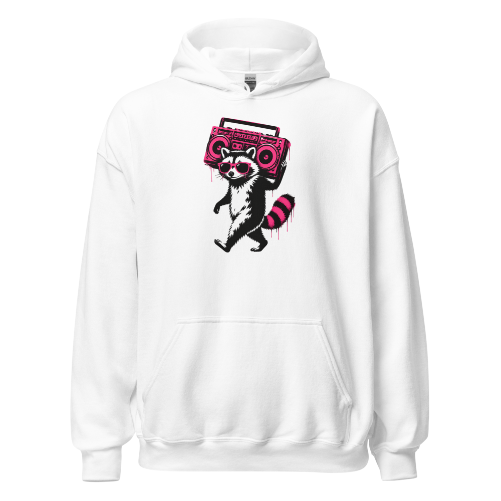 Stencil Raccoon With Boombox Street Art Tee — white front view