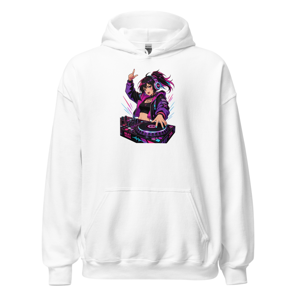 Anime Turntable Girl Synthwave Neon Drop Tee — white front view