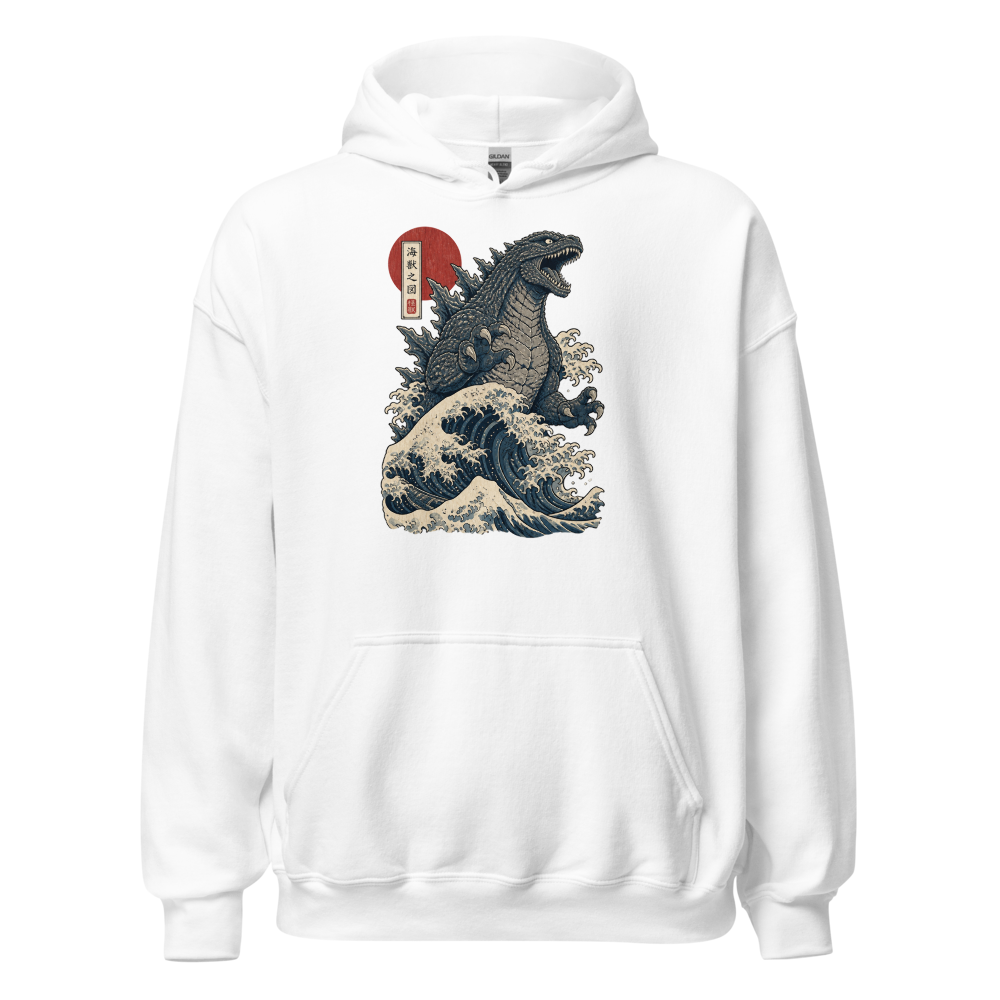 Sea Monster Great Wave Woodblock Print Tee — white front view