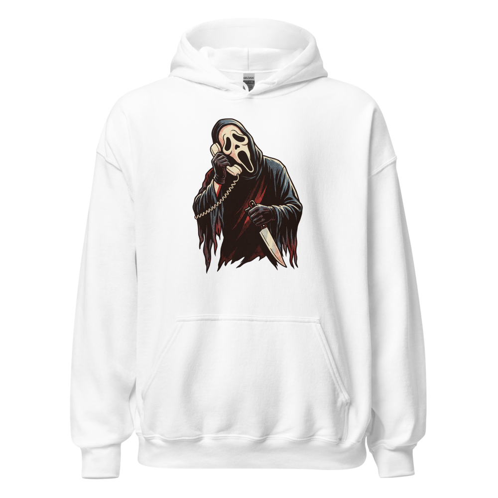 Masked Phone Caller On Hold Halftone Horror Tee — white front view