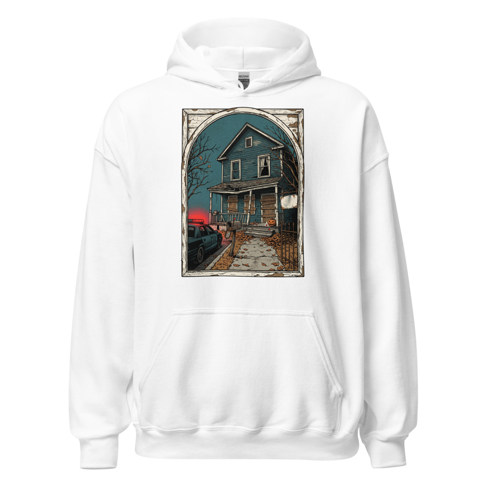 Haunted House Halloween Night Screen Print Horror Tee — Hoodie — white front view