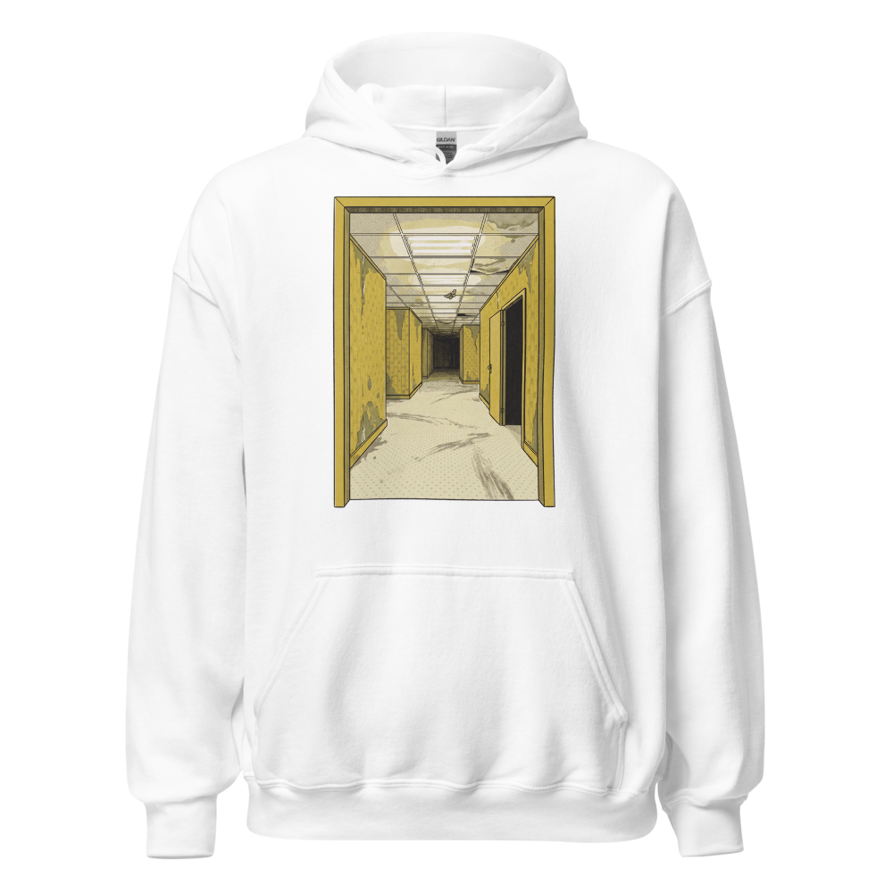Yellow Liminal Hallway Endless Corridor Riso Tee — Hoodie — white front view