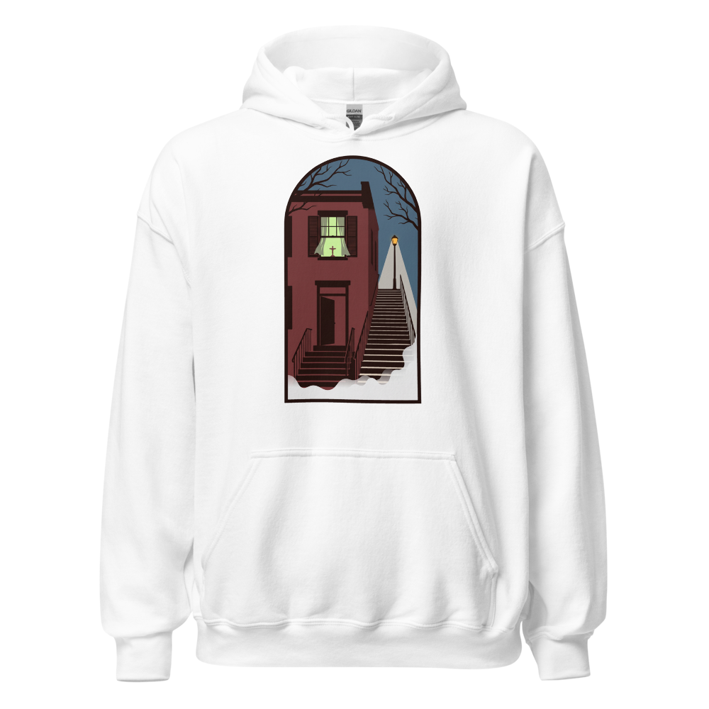Haunted Row House Stone Stairs Horror Night Tee — Hoodie — white front view