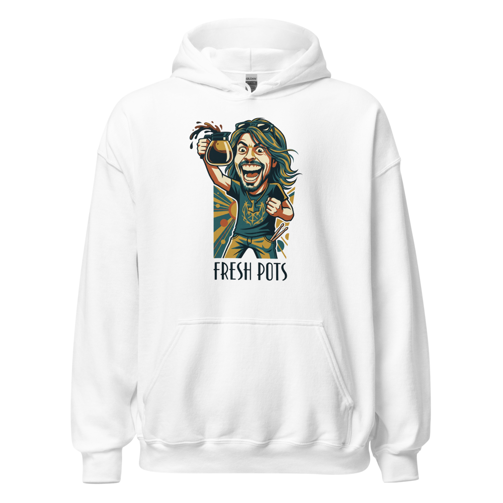 Fresh Pots Coffee Fueled Rock Drummer Art Deco Poster Tee — Hoodie — white front view
