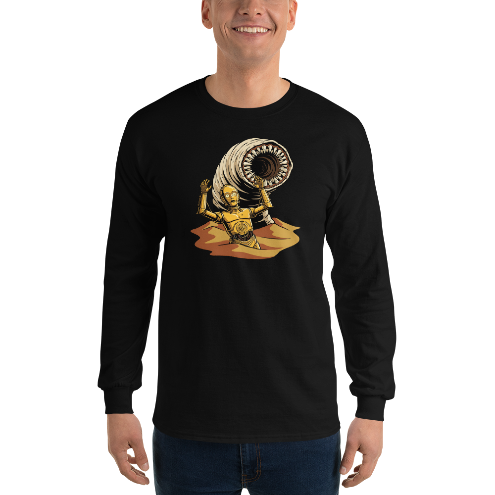 Golden Protocol Droid Desert Worm Peril Comic Tee — black front view