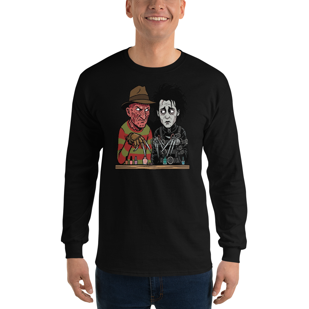 Bladed Villains Nail Salon Side-Eye Horror Tee — Men's Long Sleeve Tee — black front view