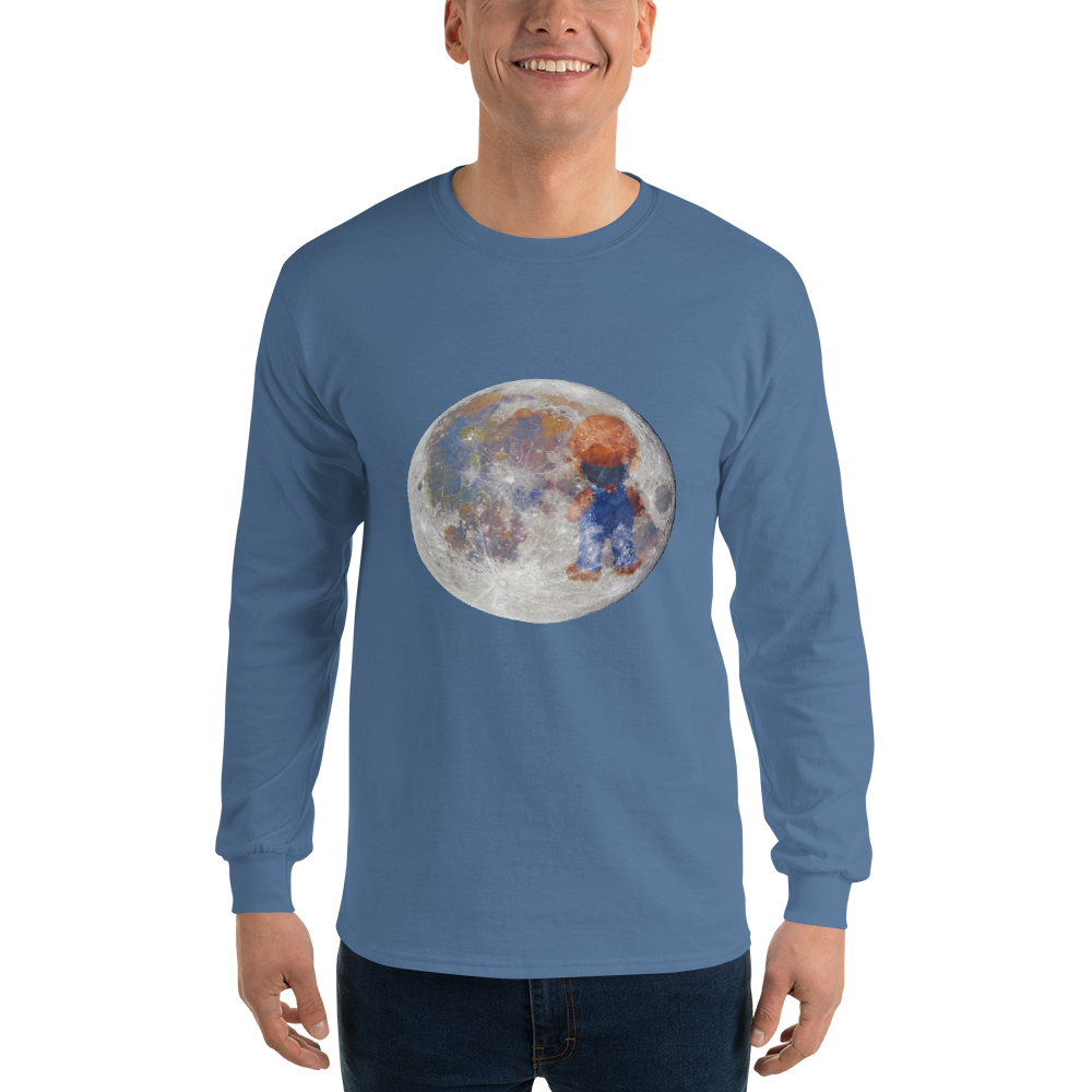 Lunar Plumber Hero Astrophotography Tee — Men's Long Sleeve Tee — indigo blue front view