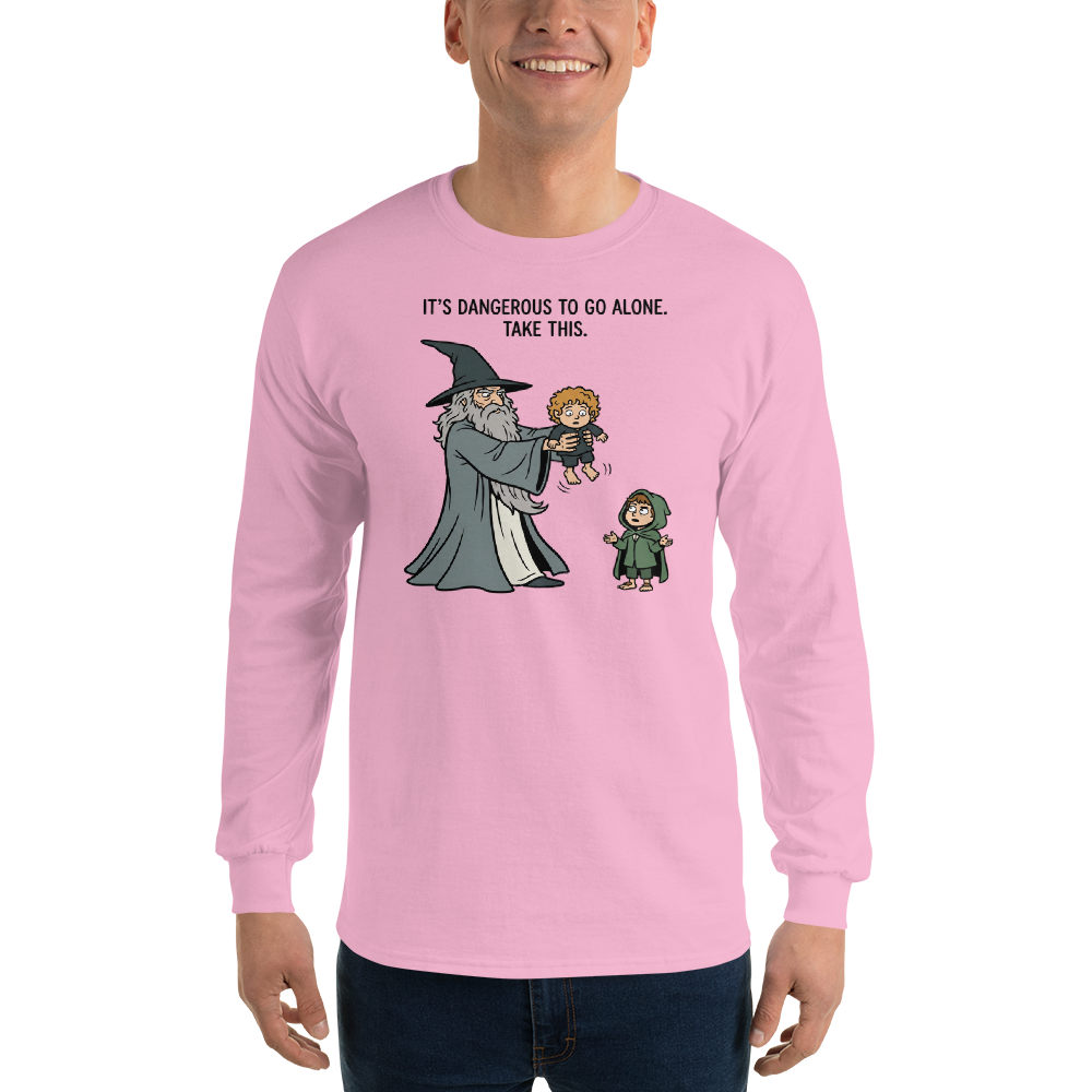 Wizard Hands Off Tiny Hobbit Fantasy Parody Tee — Men's Long Sleeve Tee — light pink front view