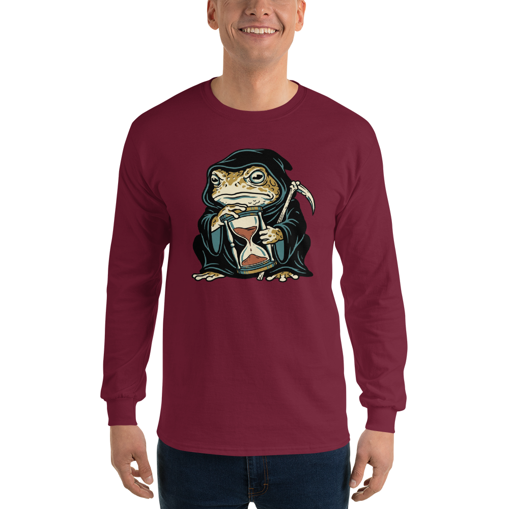 Hooded Toad Reaper Hourglass Macabre Tee — Men's Long Sleeve Tee — maroon front view