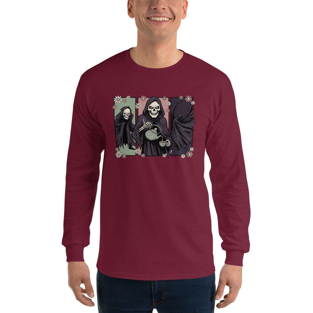 Skull Sorcerer Tea Time Comic Triptych Tee — maroon front view