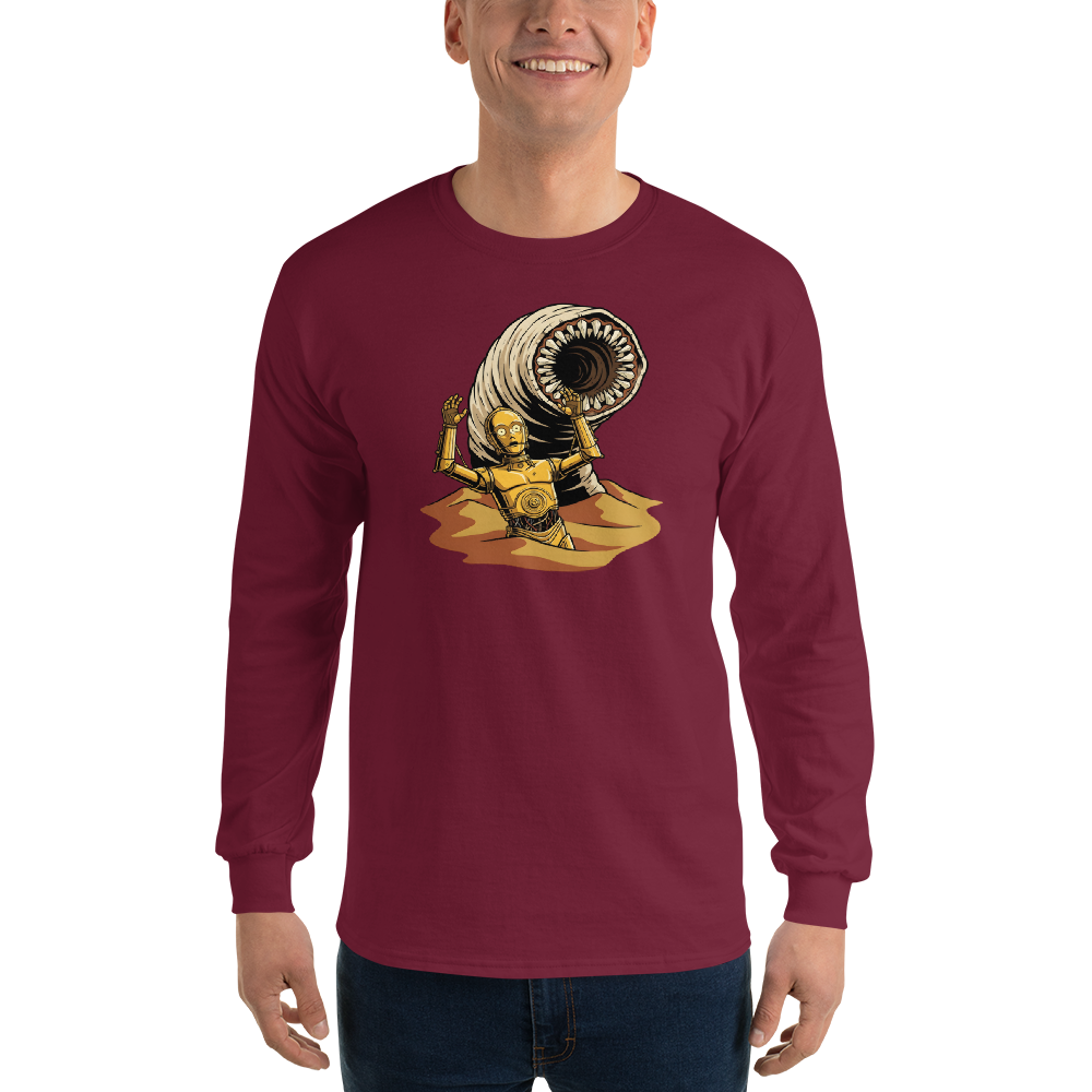 Golden Protocol Droid Desert Worm Peril Comic Tee — maroon front view