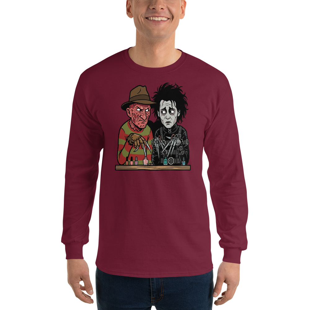 Bladed Villains Nail Salon Side-Eye Horror Tee — Men's Long Sleeve Tee — maroon front view