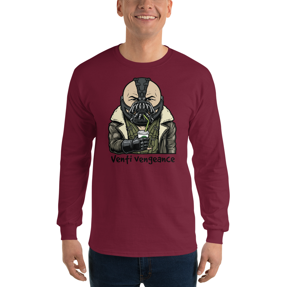 Venti Vengeance Masked Mercenary Latte Tee — Men's Long Sleeve Tee — maroon front view