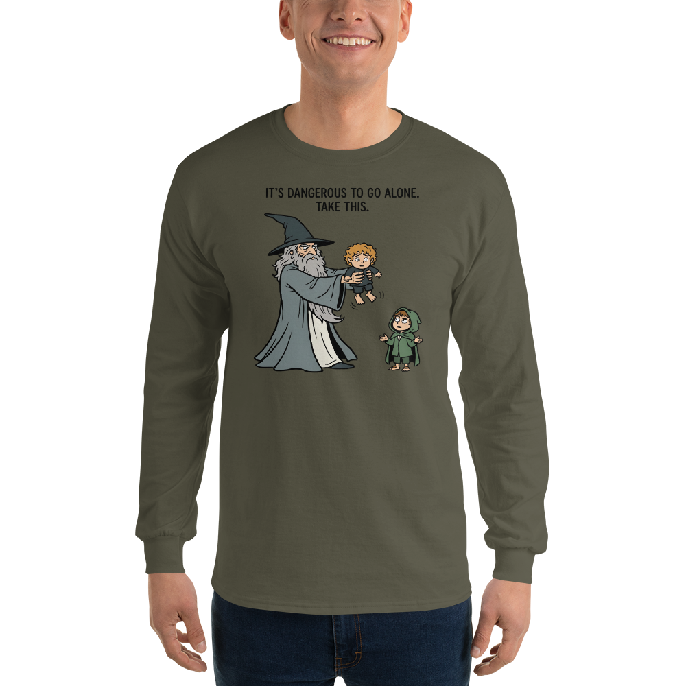 Wizard Hands Off Tiny Hobbit Fantasy Parody Tee — Men's Long Sleeve Tee — military green front view