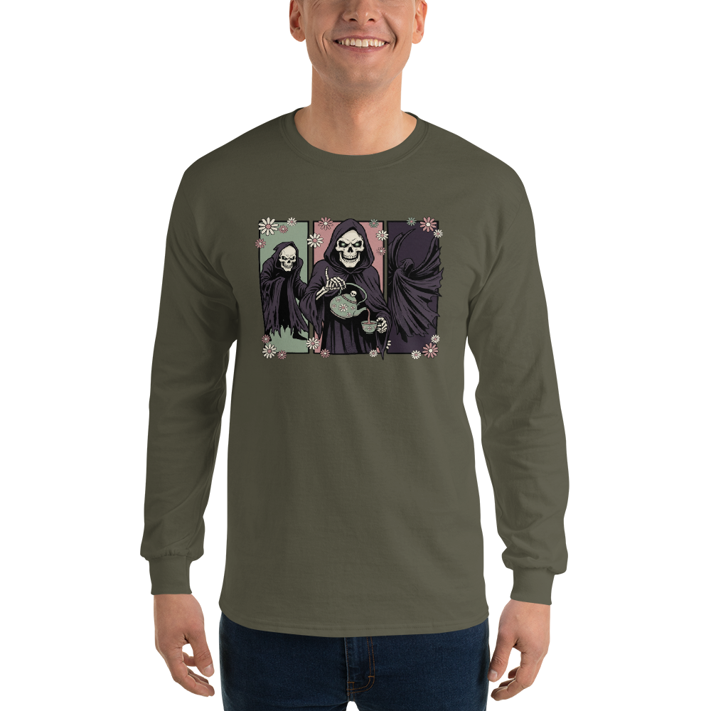 Skull Sorcerer Tea Time Comic Triptych Tee — military green front view