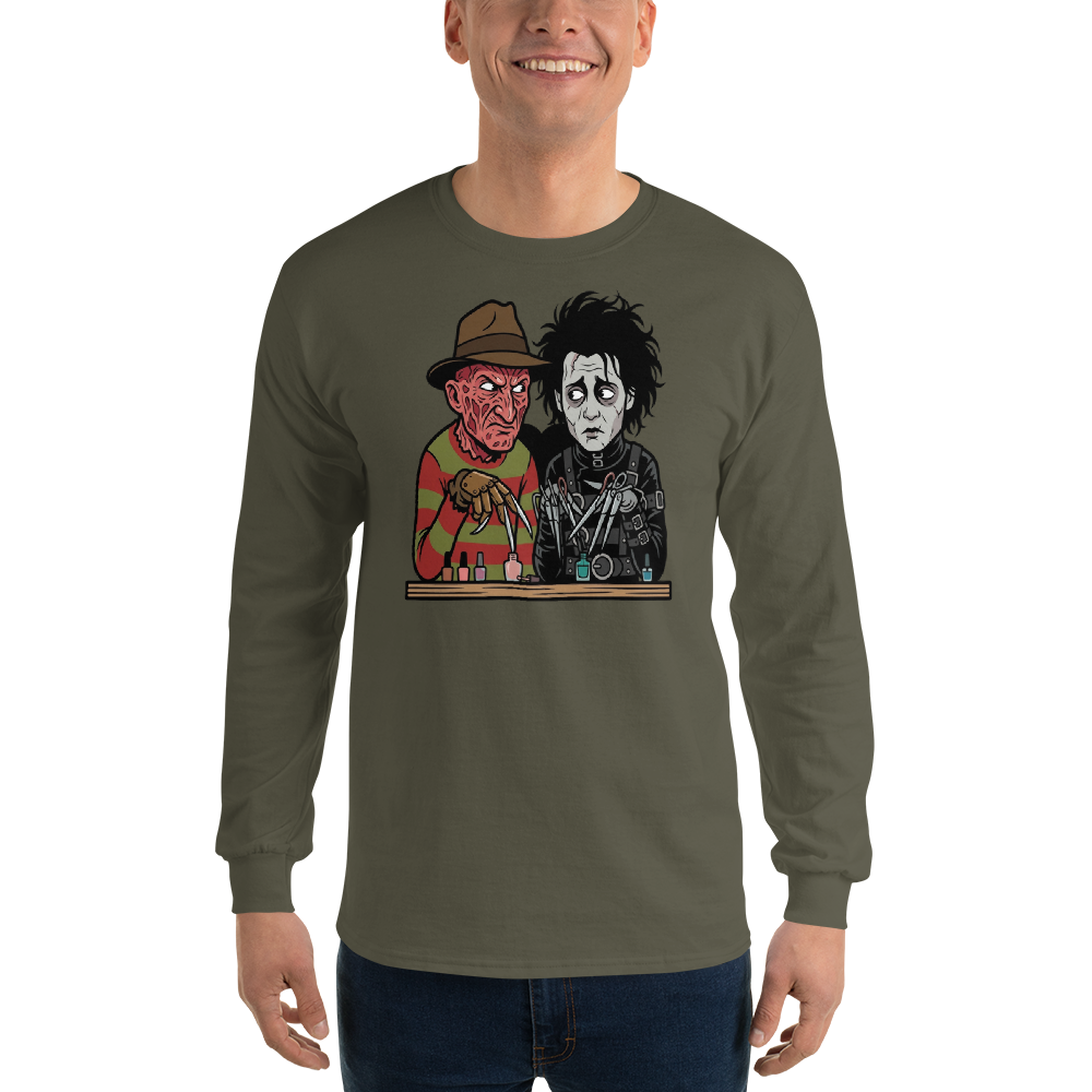 Bladed Villains Nail Salon Side-Eye Horror Tee — Men's Long Sleeve Tee — military green front view