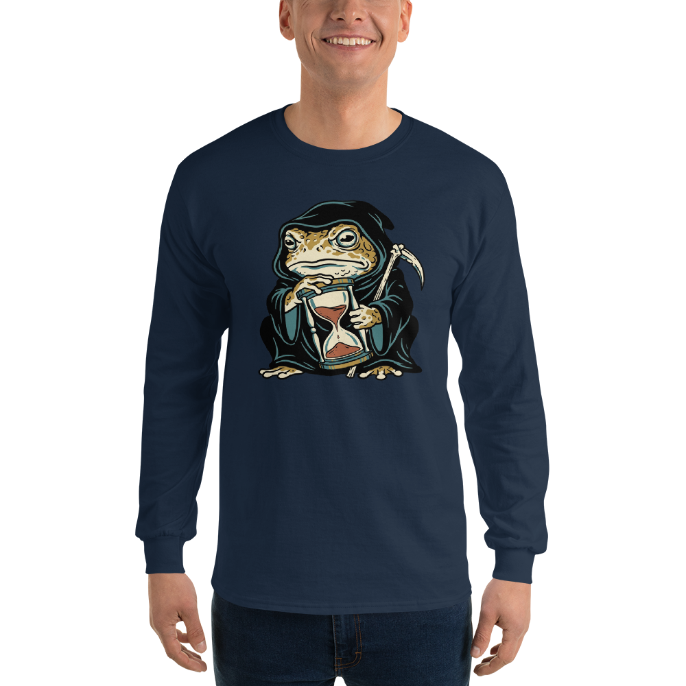 Hooded Toad Reaper Hourglass Macabre Tee — Men's Long Sleeve Tee — navy front view