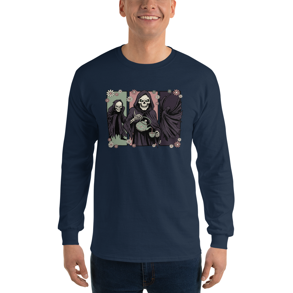Skull Sorcerer Tea Time Comic Triptych Tee — navy front view
