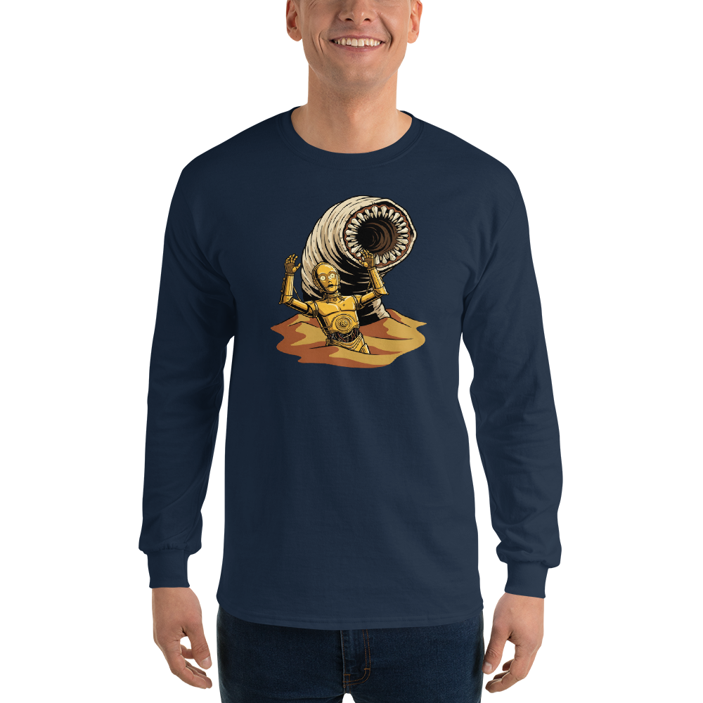 Golden Protocol Droid Desert Worm Peril Comic Tee — navy front view