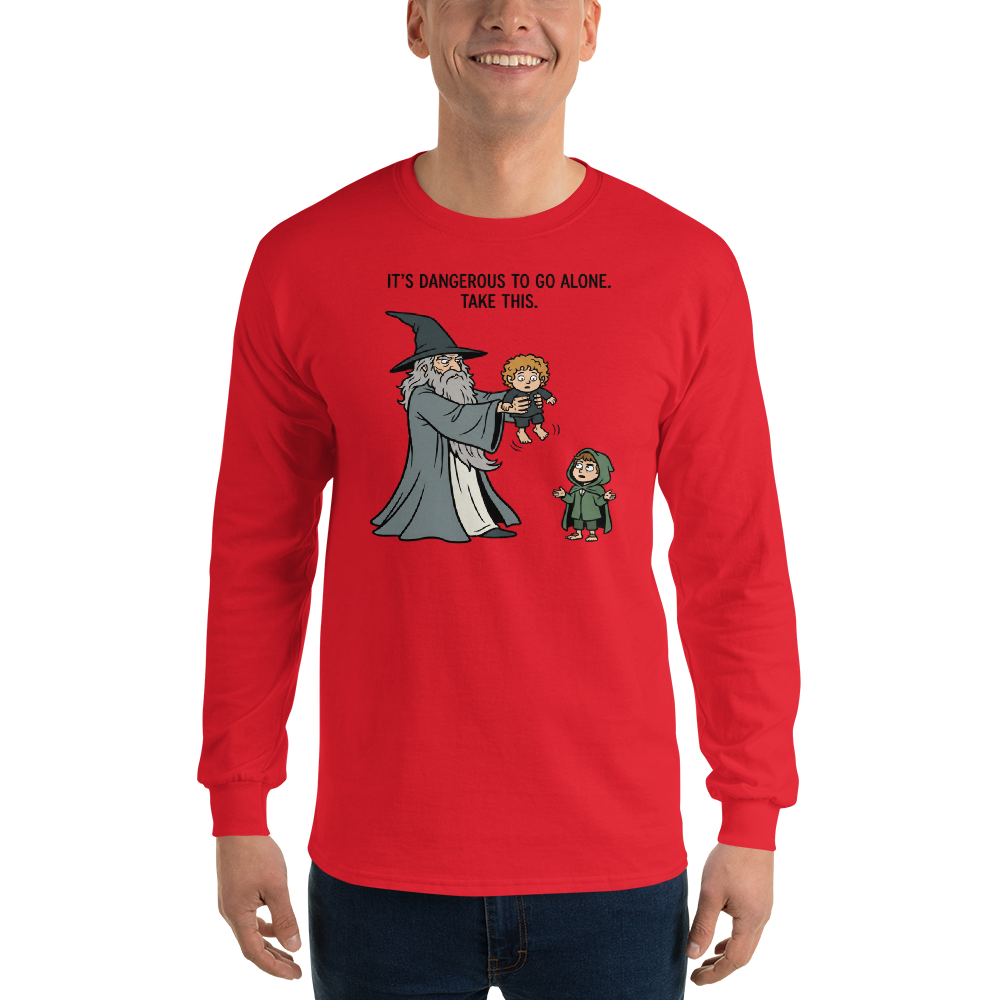 Wizard Hands Off Tiny Hobbit Fantasy Parody Tee — Men's Long Sleeve Tee — red front view