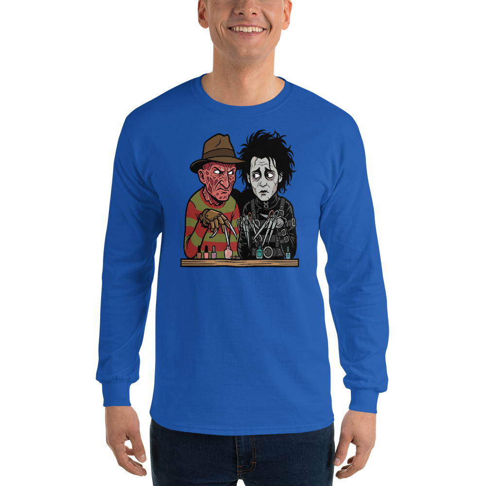 Bladed Villains Nail Salon Side-Eye Horror Tee — Men's Long Sleeve Tee — royal front view