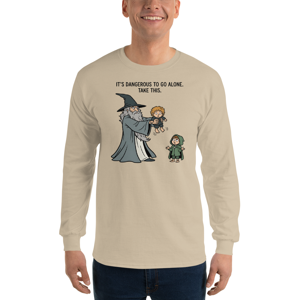 Wizard Hands Off Tiny Hobbit Fantasy Parody Tee — Men's Long Sleeve Tee — sand front view