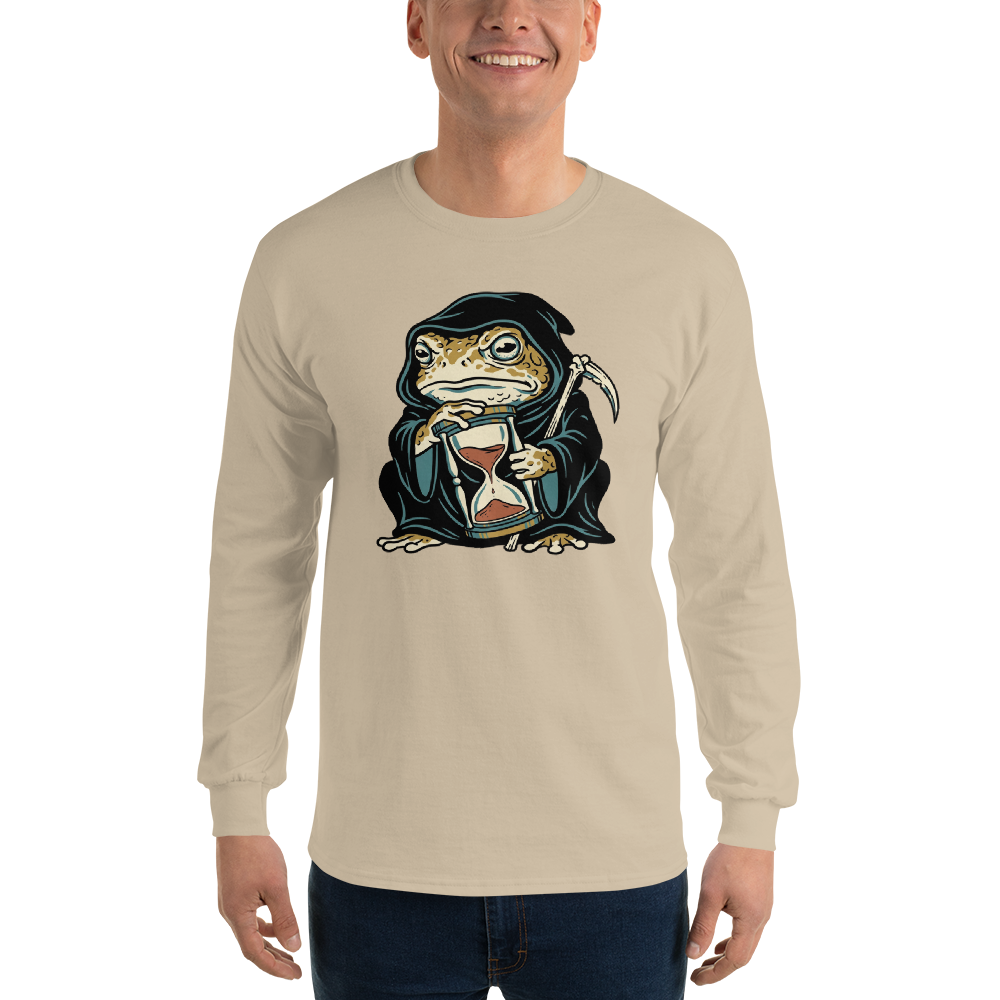 Hooded Toad Reaper Hourglass Macabre Tee — Men's Long Sleeve Tee — sand front view