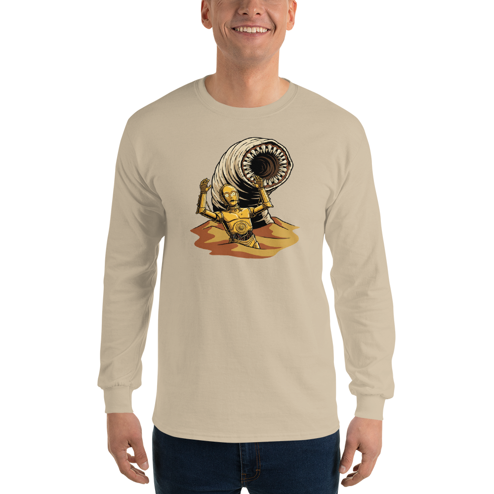 Golden Protocol Droid Desert Worm Peril Comic Tee — sand front view