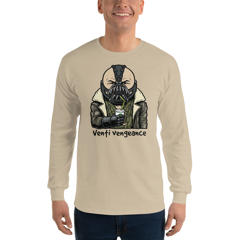 Venti Vengeance Masked Mercenary Latte Tee — Men's Long Sleeve Tee — sand front view