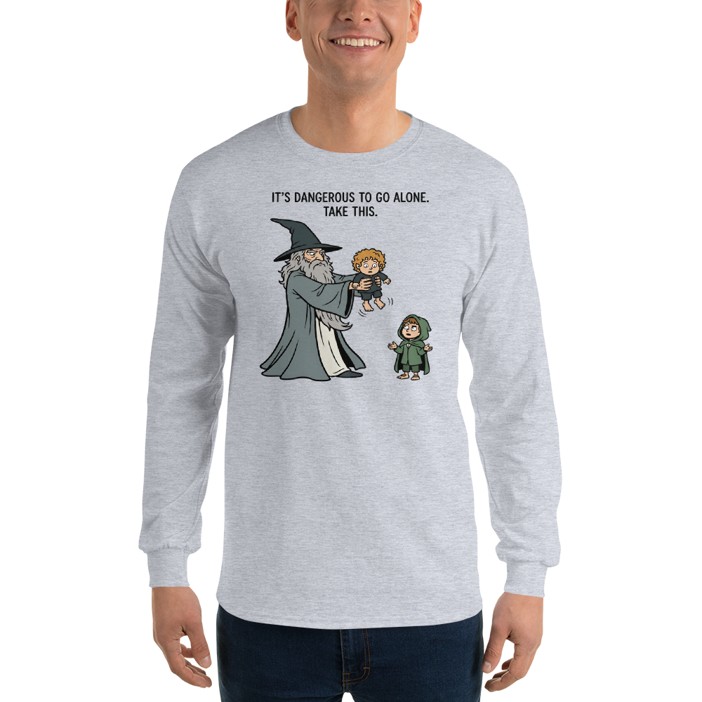 Wizard Hands Off Tiny Hobbit Fantasy Parody Tee — Men's Long Sleeve Tee — sport grey front view