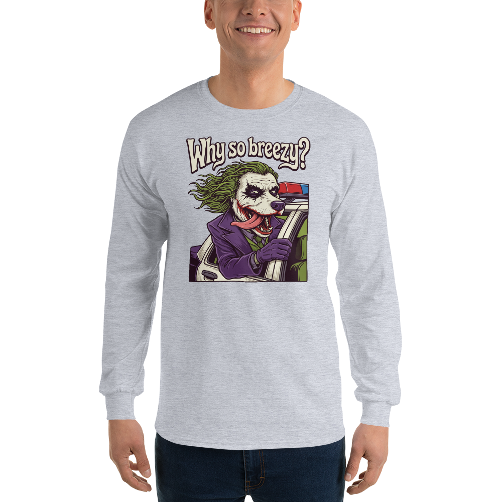 Why So Breezy Clown Villain Joyride Parody Tee — Men's Long Sleeve Tee — sport grey front view