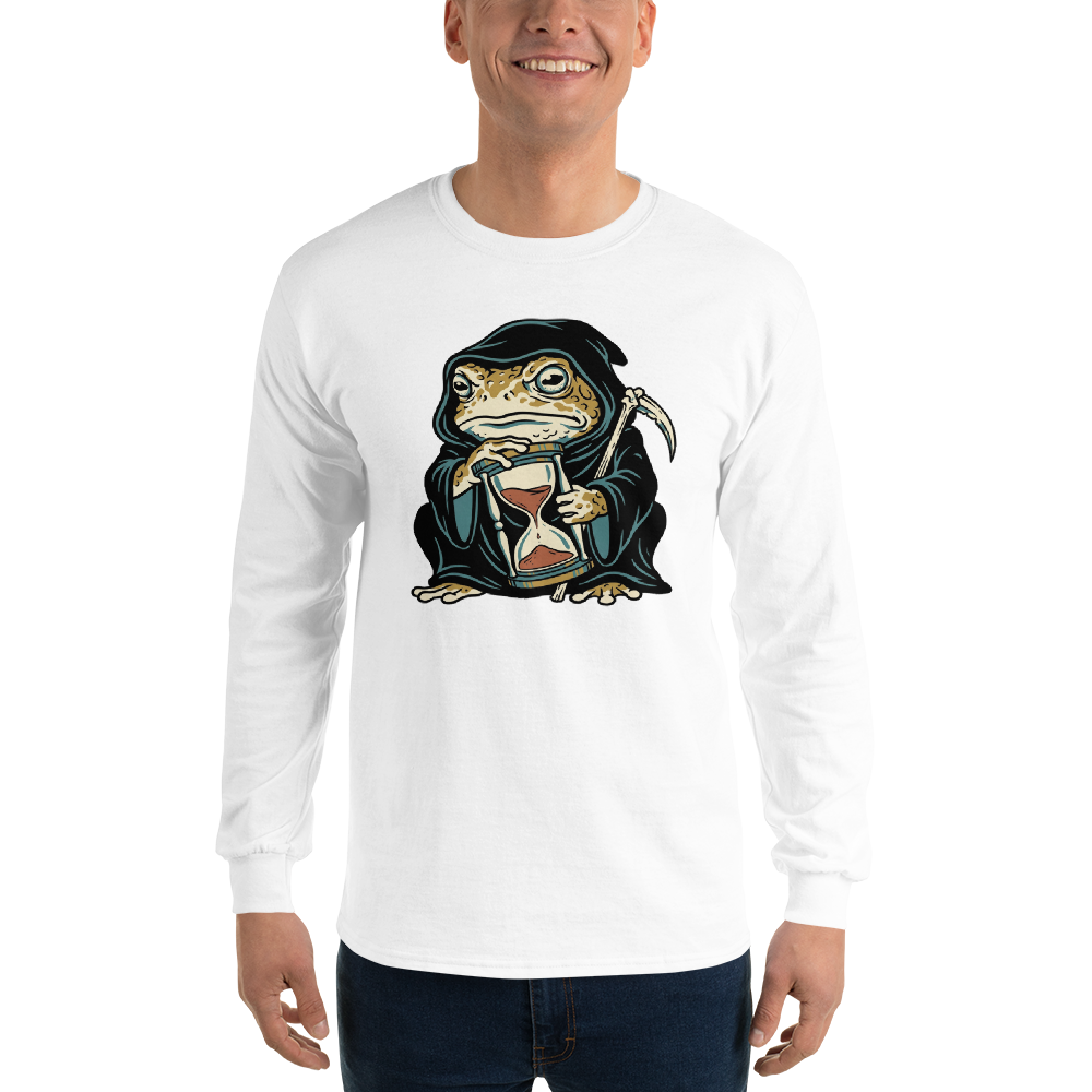 Hooded Toad Reaper Hourglass Macabre Tee — Men's Long Sleeve Tee — white front view