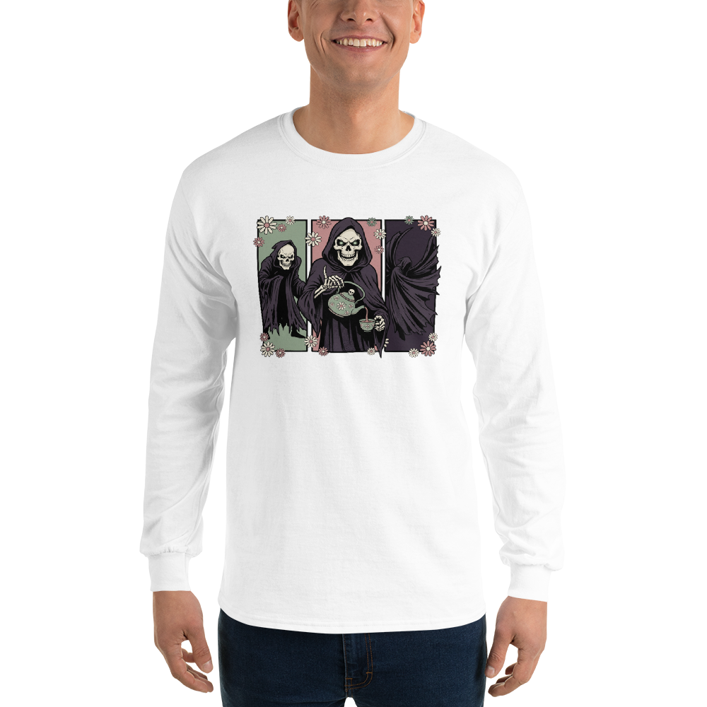 Skull Sorcerer Tea Time Comic Triptych Tee — white front view