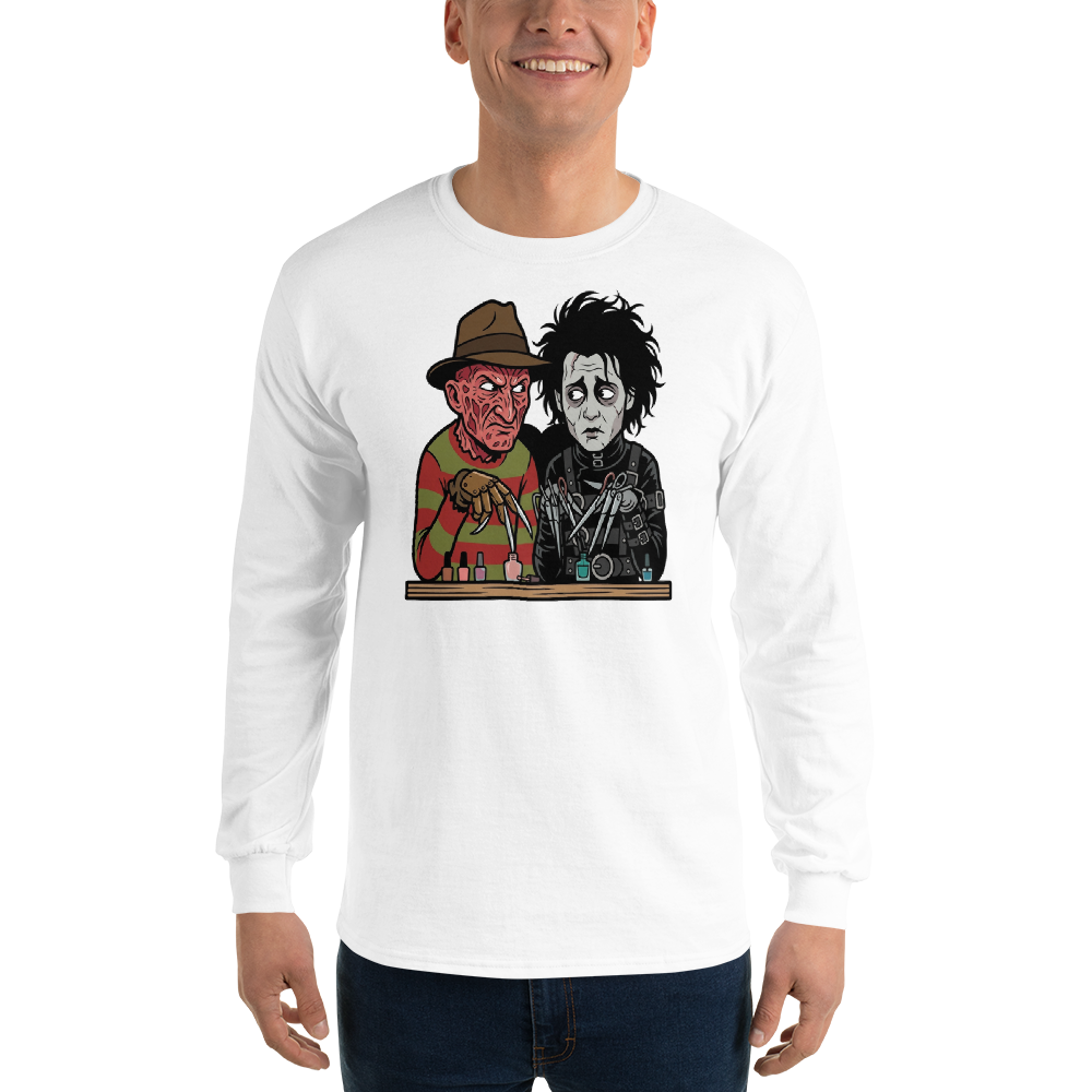 Bladed Villains Nail Salon Side-Eye Horror Tee — Men's Long Sleeve Tee — white front view